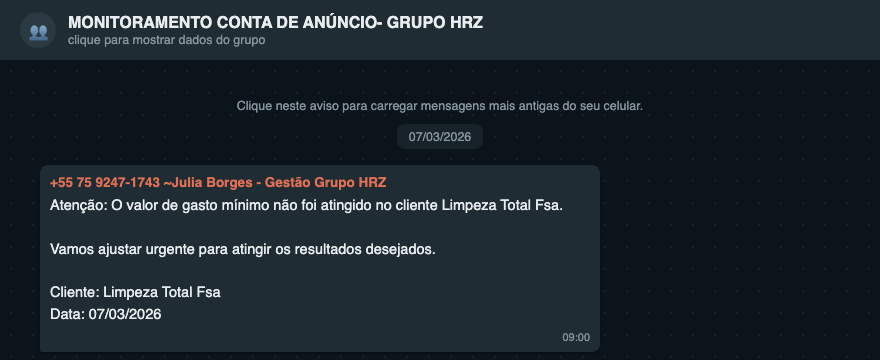 Alerta automático de gasto abaixo do esperado entregue no grupo operacional da agência