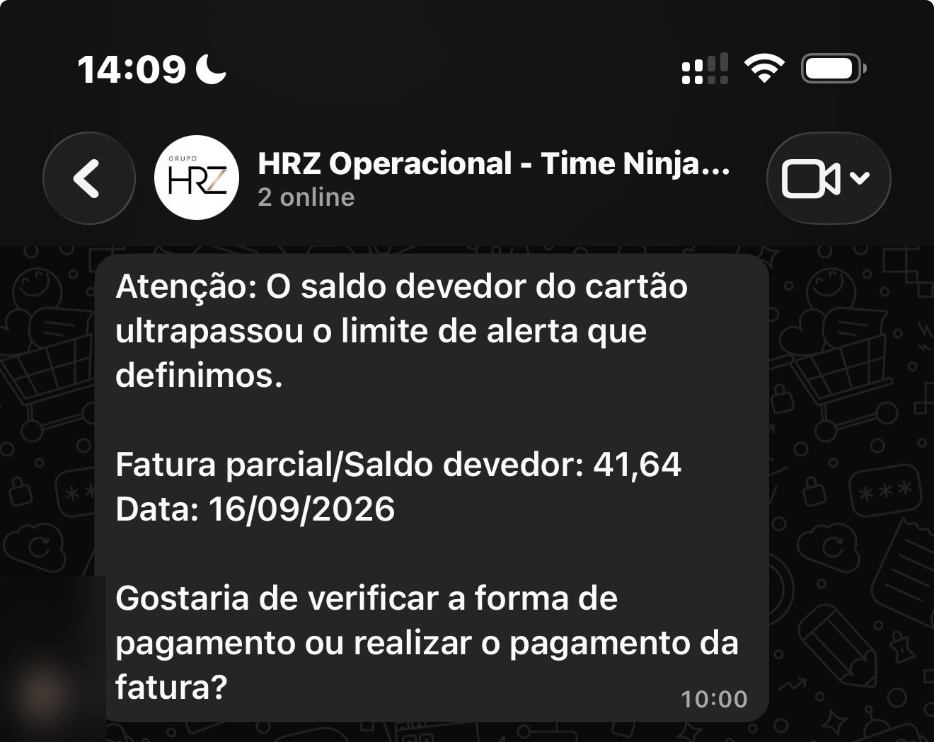 Print de WhatsApp com aviso de que o cartão passou do limite de alerta configurado.