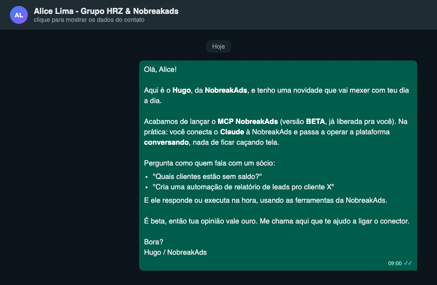 Mensagem entregue com duplo check azul no WhatsApp