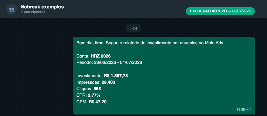 Relatório automático de conta Meta Ads entregue no WhatsApp