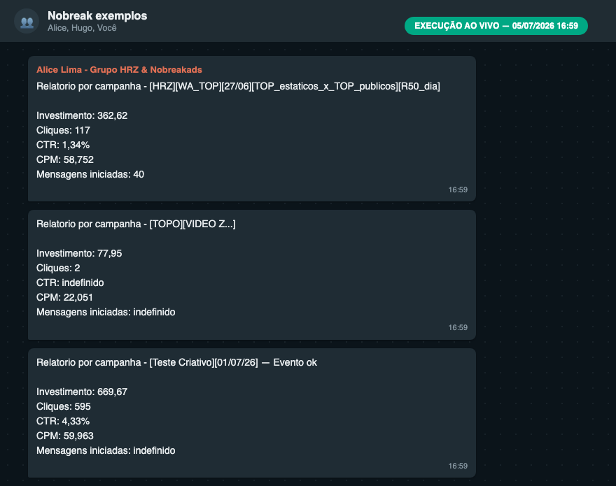 Três relatórios de campanha diferentes chegando no mesmo grupo de WhatsApp
